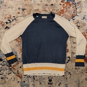 Poof! Navy and Cream Raglan Sweater with Yellow Accent